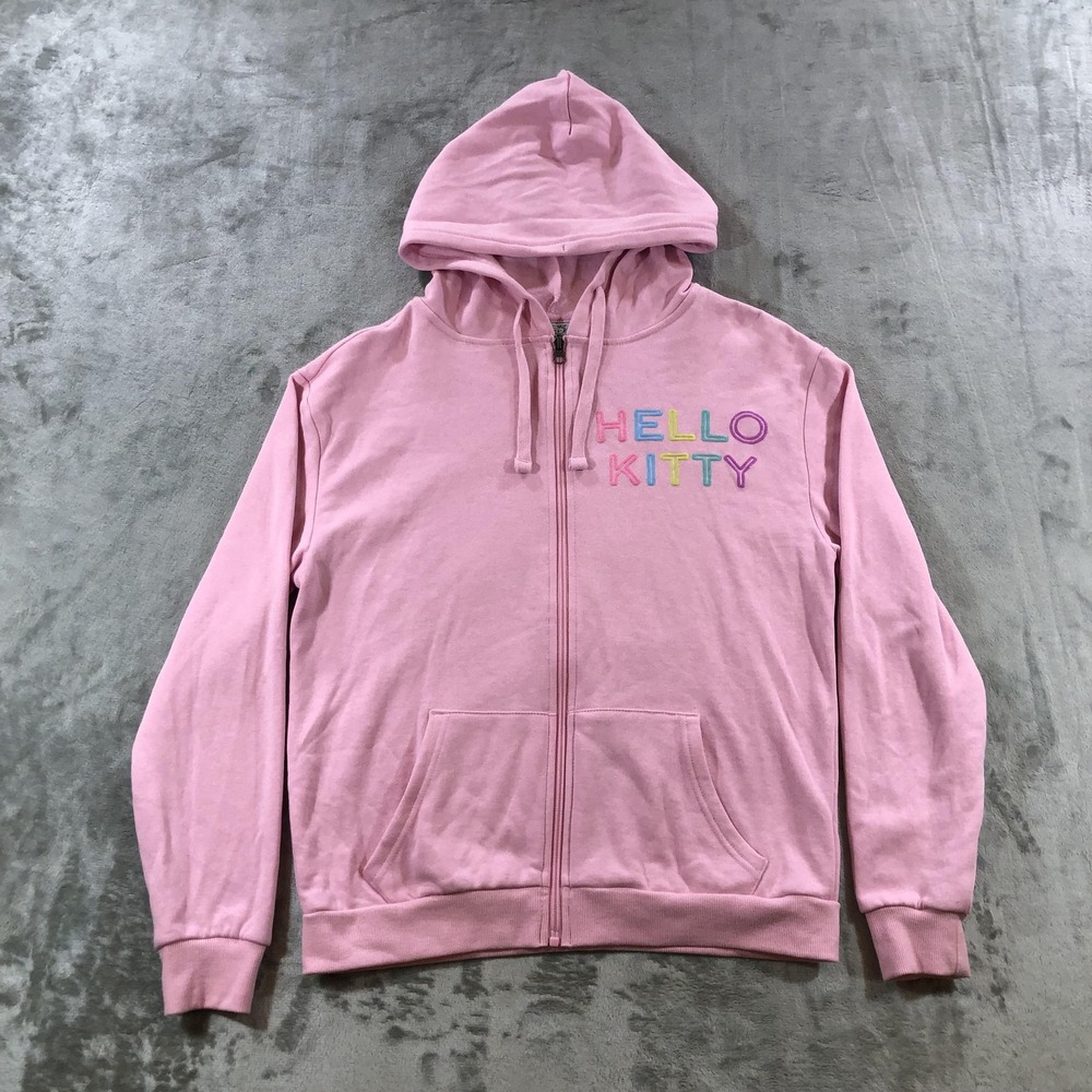 Hello Kitty Hoodie Sweatshirt Womens Small Pink Full Zip Heart Graphic Fleece